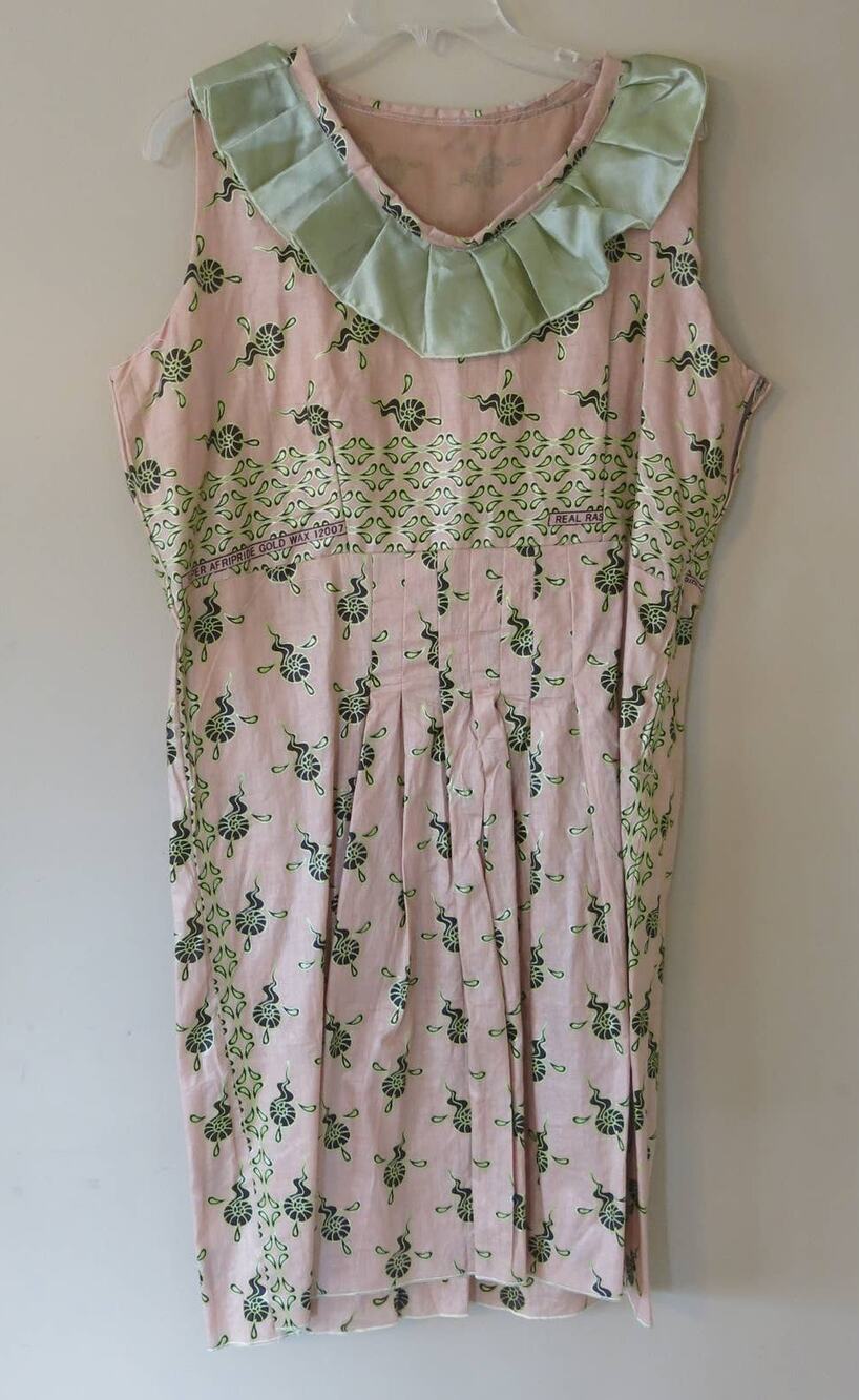 AFRICAN Handmade Ankara Dress Kaftan Mid/Knee Length Green/Tan Sleeveless Ethnic